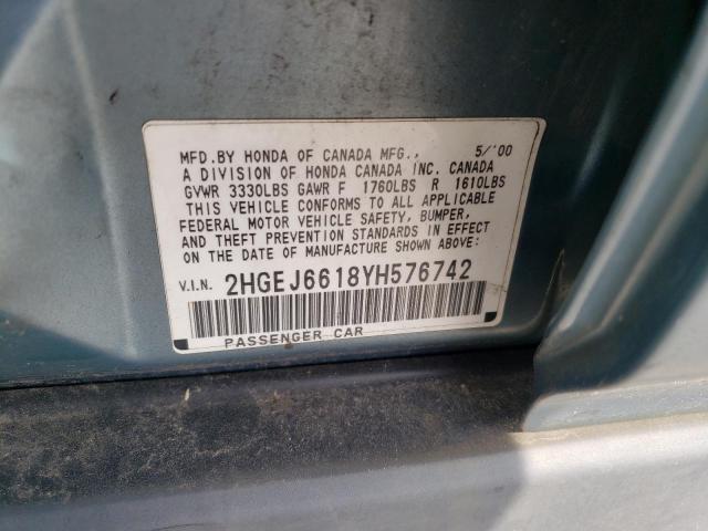 2HGEJ6618YH576742 - 2000 HONDA CIVIC BASE TURQUOISE photo 12