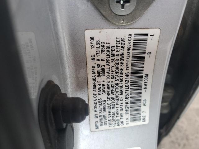 1HGFA16577L043146 - 2007 HONDA CIVIC LX SILVER photo 12