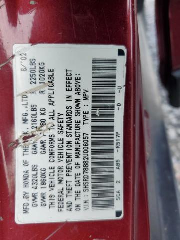 SHSRD78882U006057 - 2002 HONDA CR-V EX BURGUNDY photo 13