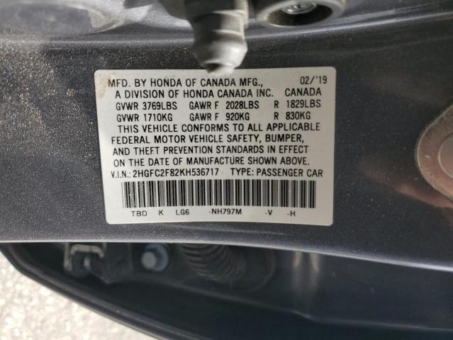 2HGFC2F82KH536717 - 2019 HONDA CIVIC SPORT ნაცრისფერი ფოტო 13