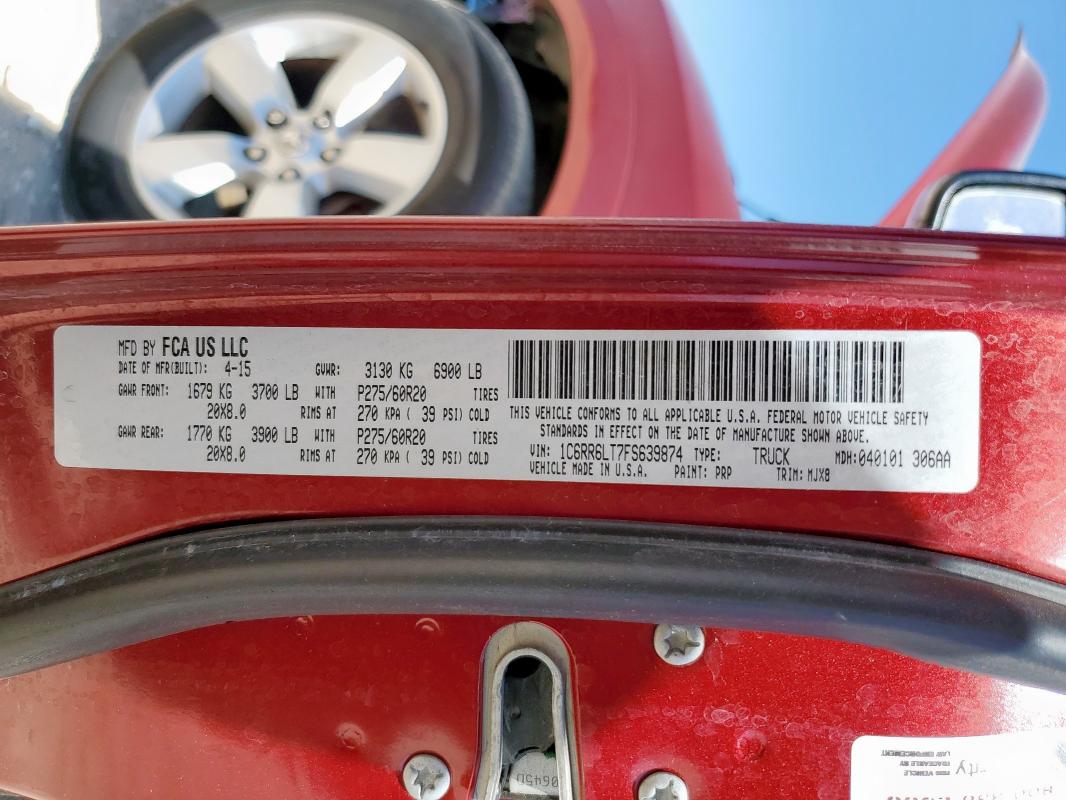 1C6RR6LT7FS639874 - 2015 RAM 1500 SLT MAROON photo 13
