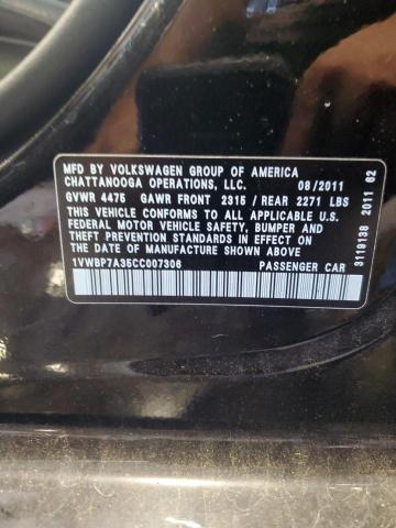 1VWBP7A35CC007306 - 2012 VOLKSWAGEN PASSAT SE BLACK photo 12