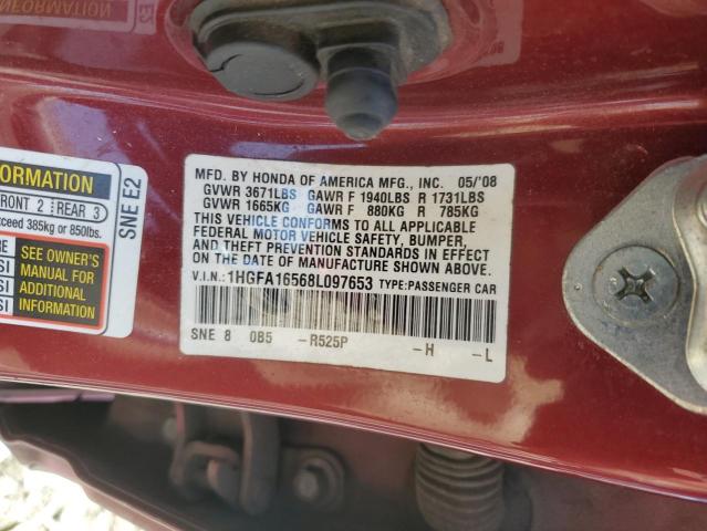 1HGFA16568L097653 - 2008 HONDA CIVIC LX MAROON photo 12