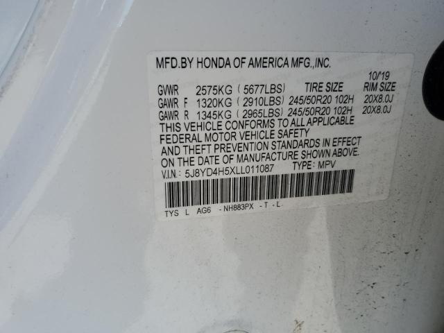 5J8YD4H5XLL011087 - 2020 ACURA MDX TECHNOLOGY თეთრი ფოტო 12