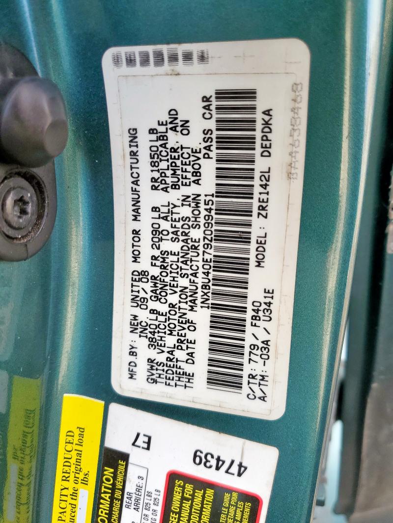 1NXBU40E79Z099451 - 2009 TOYOTA COROLLA BASE Бірюзовий фото 12