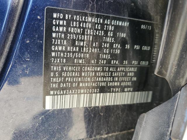 WVGAV3AX2DW620382 - 2013 VOLKSWAGEN TIGUAN S Синій фото 13
