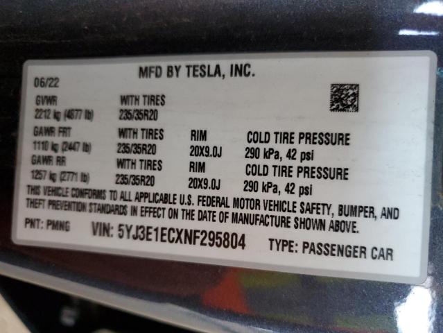 5YJ3E1ECXNF295804 - 2022 TESLA MODEL 3 Niebieski zdjęcie 12