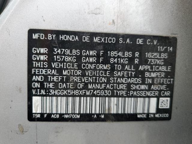 3HGGK5H8XFM745930 - 2015 HONDA FIT EX ვერცხლისფერი ფოტო 12