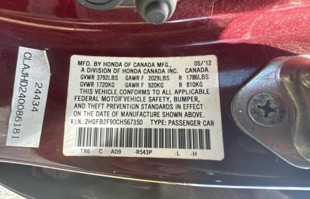 2HGFB2F90CH567350 - 2012 HONDA CIVIC EXL მუქწითელი ფოტო 10