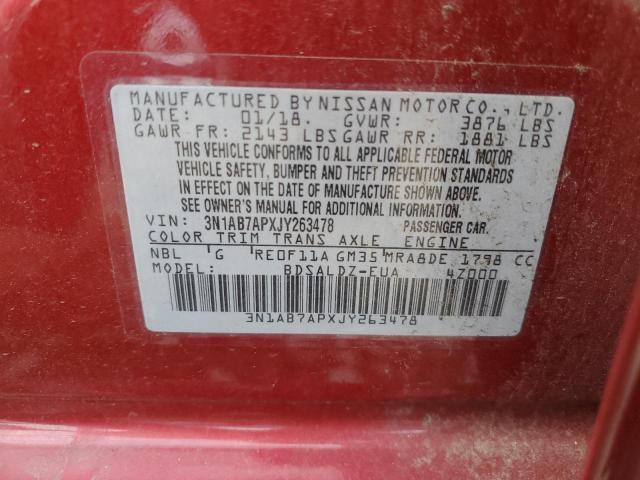 3N1AB7APXJY263478 - 2018 NISSAN SENTRA S 栗色 照片 12