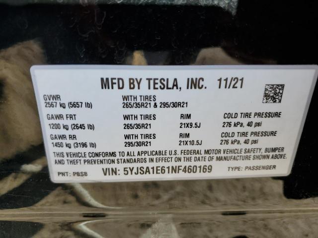 5YJSA1E61NF460169 - 2022 TESLA MODEL S Սև լուսանկար 13
