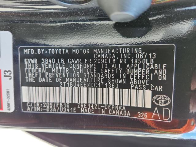 2T1BU4EE7DC111360 - 2013 TOYOTA COROLLA BASE BLACK photo 12