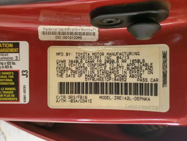 5YFBU4EE1DP184952 - 2013 TOYOTA COROLLA BASE წითელი ფოტო 12