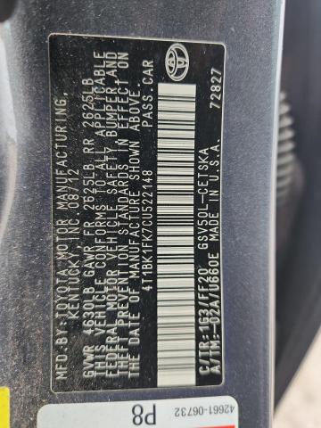 4T1BK1FK7CU522148 - 2012 TOYOTA CAMRY SE GRAY photo 12