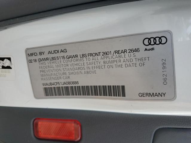 WAUB4CF51JA080886 - 2018 AUDI S5 PREMIUM PLUS WHITE photo 13