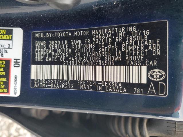 2T1BURHE3HC785505 - 2017 TOYOTA COROLLA L BLUE photo 12