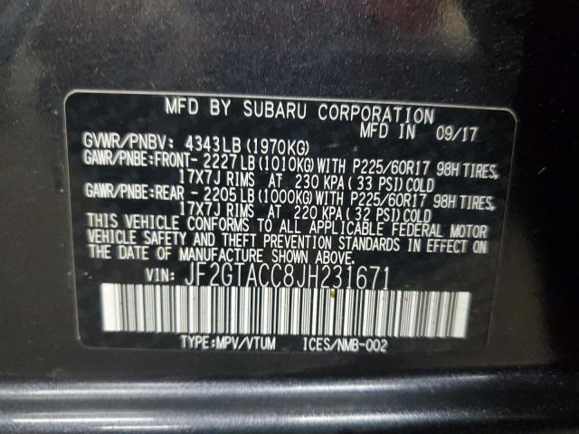 JF2GTACC8JH231671 - 2018 SUBARU CROSSTREK PREMIUM Szary zdjęcie 13