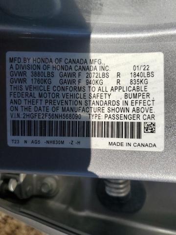 2HGFE2F56NH568090 - 2022 HONDA CIVIC SPORT SILVER photo 13