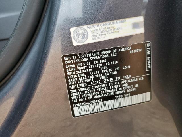 1V2ER2CA4JC504027 - 2018 VOLKSWAGEN ATLAS SEL Серый фото 13