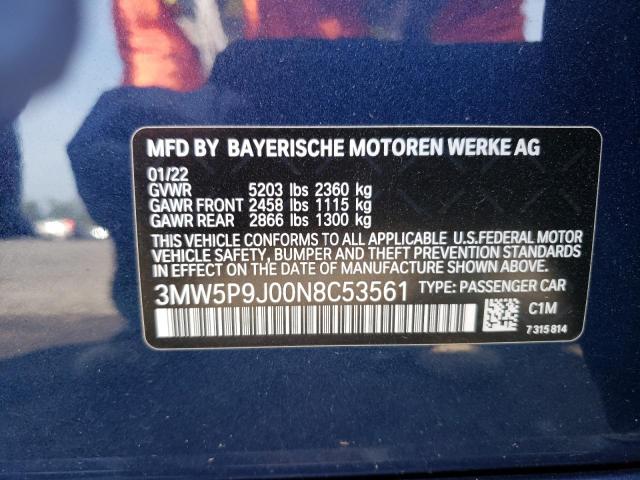 3MW5P9J00N8C53561 - 2022 BMW 330XE BLUE photo 12