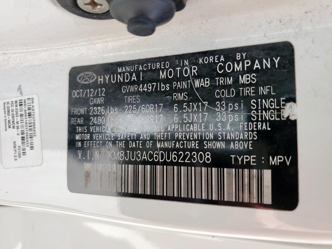 KM8JU3AC6DU622308 - 2013 HYUNDAI TUCSON GLS 白色 照片 13