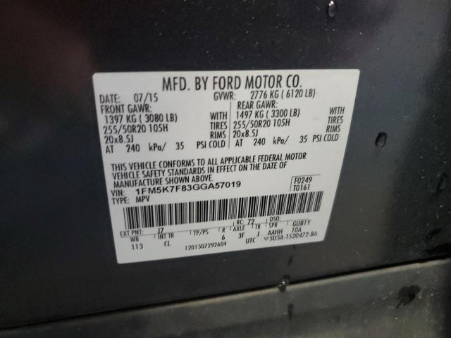 1FM5K7F83GGA57019 - 2016 FORD EXPLORER LIMITED GRAY photo 13