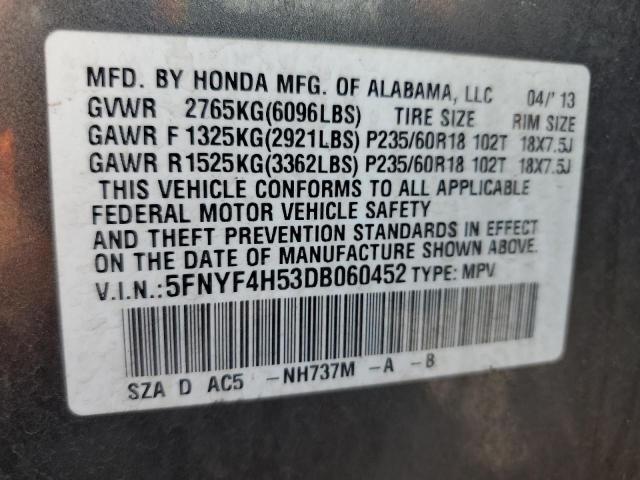 5FNYF4H53DB060452 - 2013 HONDA PILOT EXL ნაცრისფერი ფოტო 13