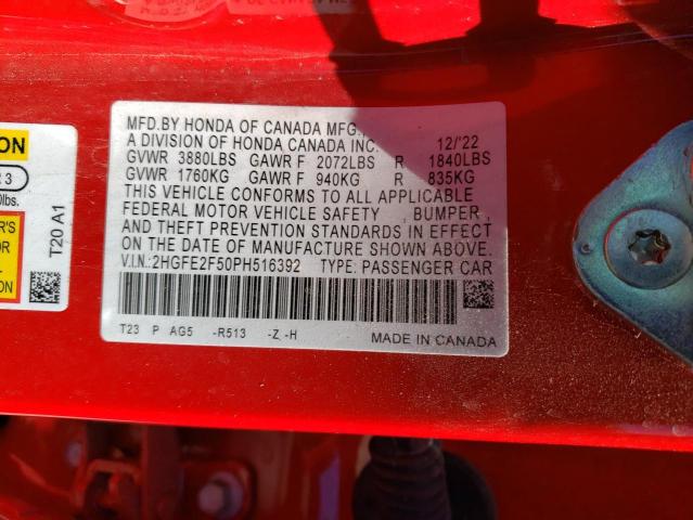 2HGFE2F50PH516392 - 2023 HONDA CIVIC SPORT წითელი ფოტო 12