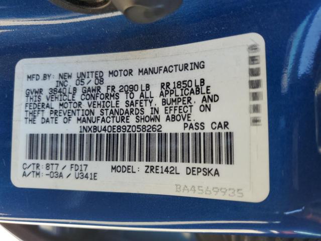 1NXBU40E89Z058262 - 2009 TOYOTA COROLLA BASE BLUE photo 12