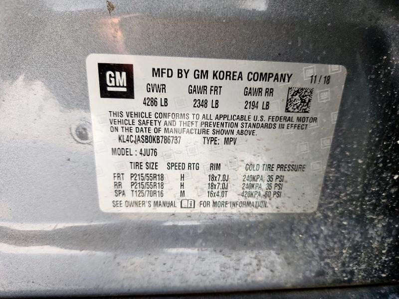 KL4CJASB0KB786737 - 2019 BUICK ENCORE PREFERRED Մոխրագույն լուսանկար 12