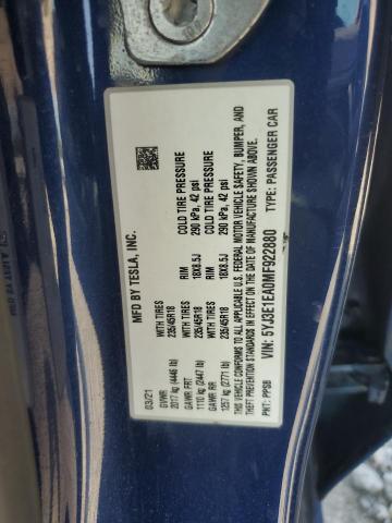 5YJ3E1EA0MF922880 - 2021 TESLA MODEL 3 BLUE photo 12