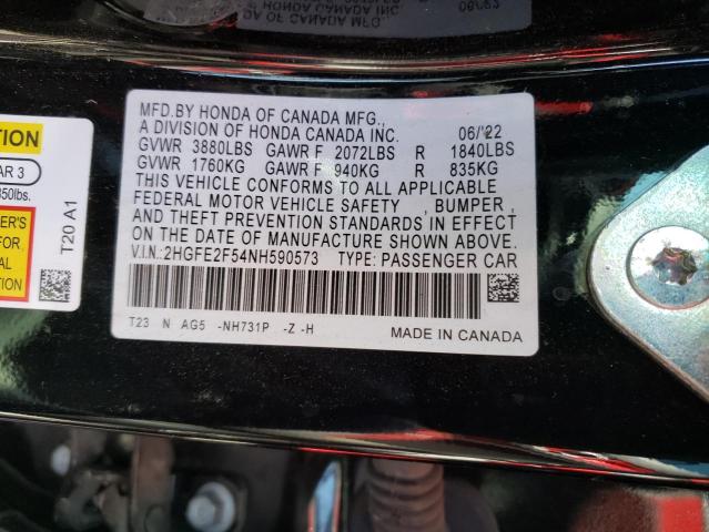 2HGFE2F54NH590573 - 2022 HONDA CIVIC SPORT შავი ფოტო 12