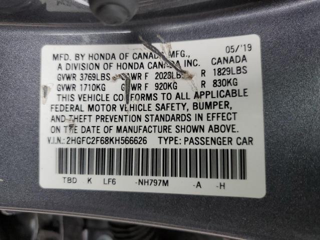 2HGFC2F68KH566626 - 2019 HONDA CIVIC LX GRAY photo 12