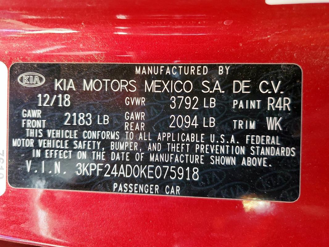 3KPF24AD0KE075918 - 2019 KIA FORTE FE 红色 照片 12