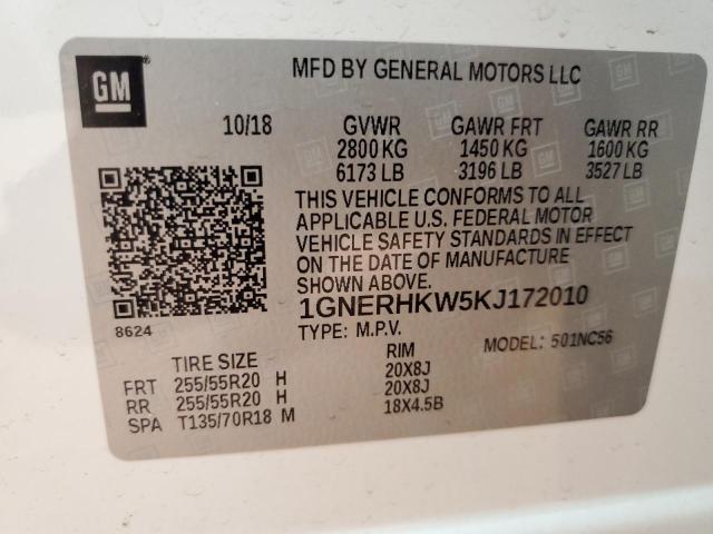 1GNERHKW5KJ172010 - 2019 CHEVROLET TRAVERSE LT თეთრი ფოტო 13