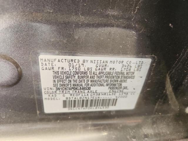 3N1CN7AP0KL846530 - 2019 NISSAN VERSA S ნაცრისფერი ფოტო 12