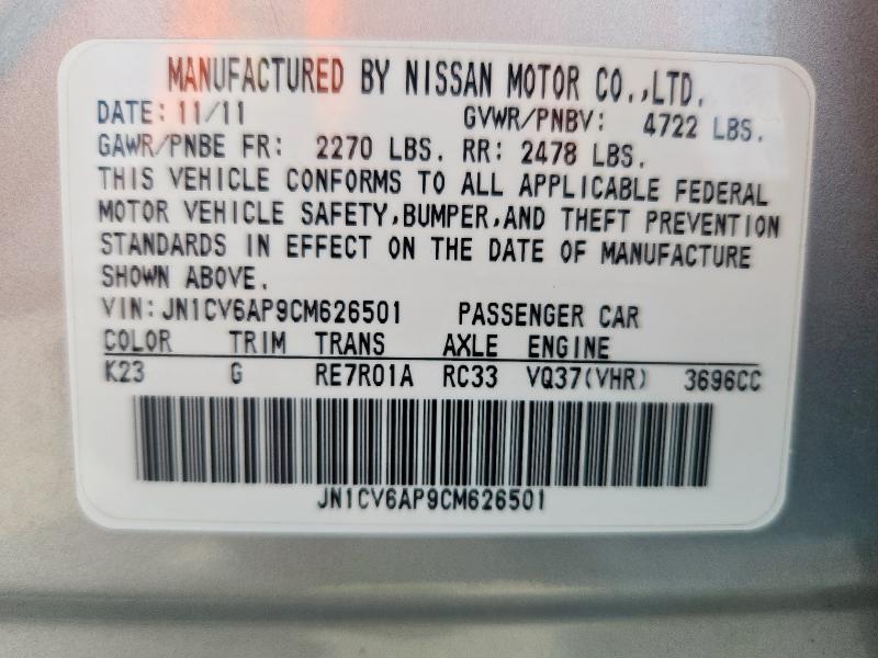 JN1CV6AP9CM626501 - 2012 INFINITI G37 BASE SILVER photo 13
