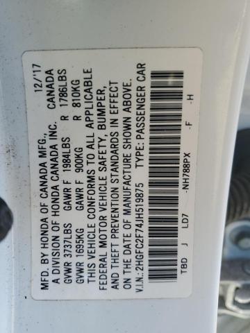 2HGFC2F74JH519875 - 2018 HONDA CIVIC EX WHITE photo 12