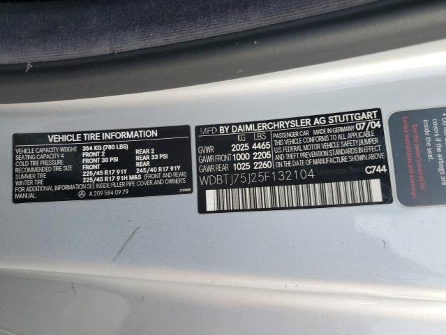 WDBTJ75J25F132104 - 2005 MERCEDES-BENZ CLK 500 SILVER photo 12