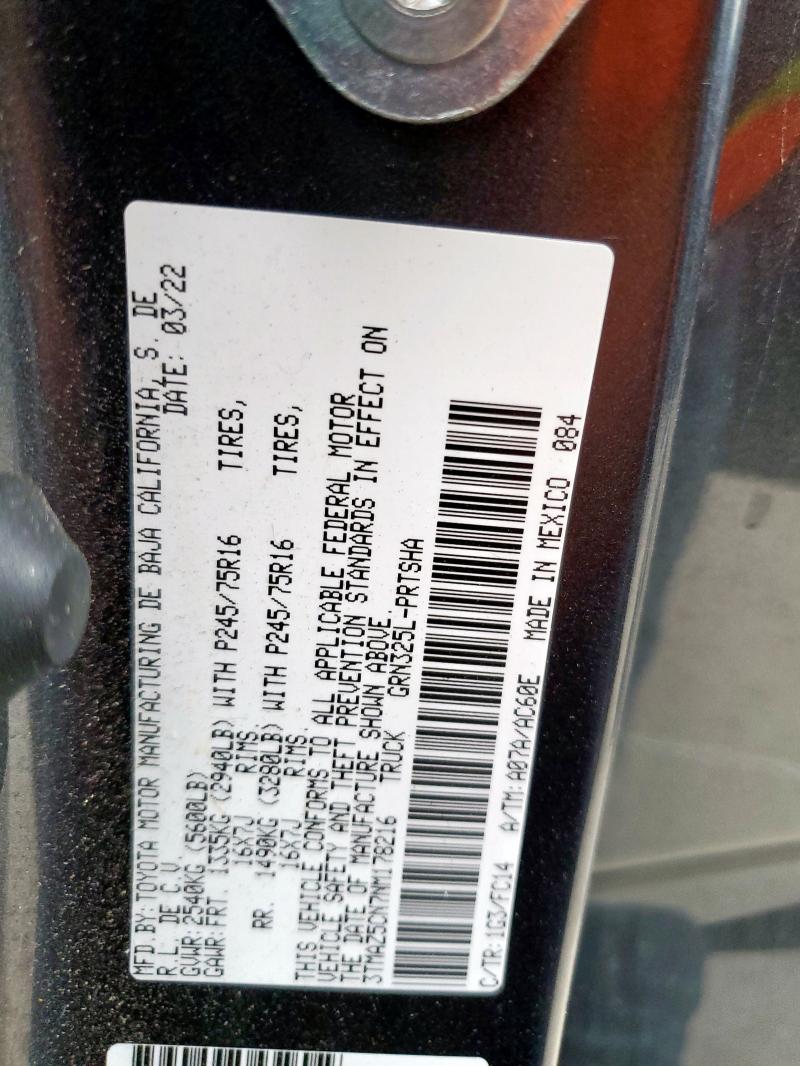 3TMAZ5CN7NM178216 - 2022 TOYOTA TACOMA DOUBLE CAB გრაფიტი ფოტო 12