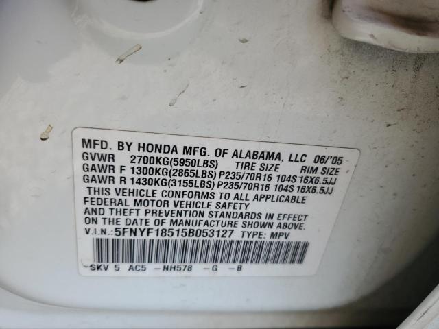 5FNYF18515B053127 - 2005 HONDA PILOT EXL Blanc photo 12