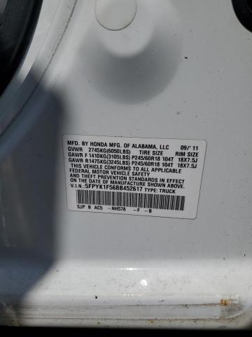 5FPYK1F56BB452617 - 2011 HONDA RIDGELINE RTL WHITE photo 12