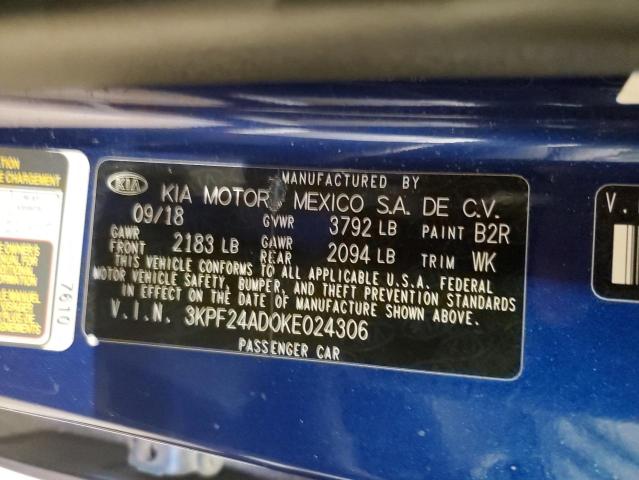 3KPF24AD0KE024306 - 2019 KIA FORTE FE BLUE photo 12