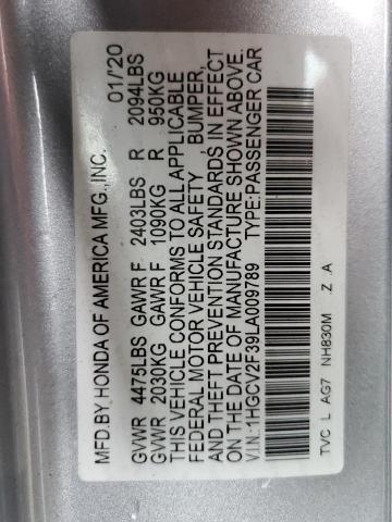1HGCV2F39LA009789 - 2020 HONDA ACCORD SPORT SILVER photo 12