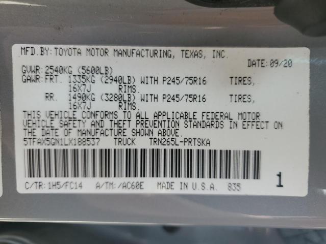 5TFAX5GN1LX188537 - 2020 TOYOTA TACOMA DOUBLE CAB GRAY photo 12