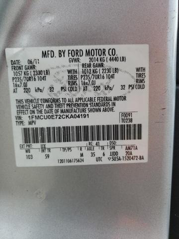 1FMCU0E72CKA04191 - 2012 FORD ESCAPE LIMITED 银色 照片 12