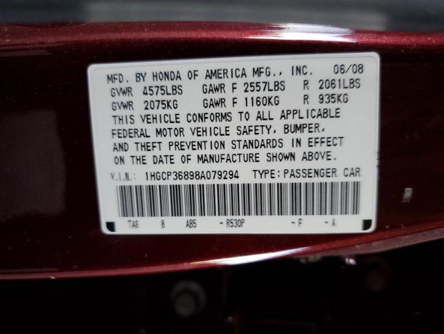 1HGCP36898A079294 - 2008 HONDA ACCORD EXL BURGUNDY photo 12