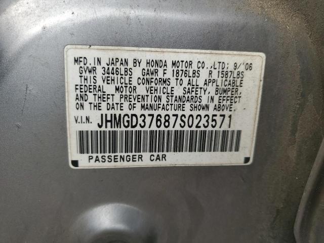 JHMGD37687S023571 - 2007 HONDA FIT S ვერცხლისფერი ფოტო 12