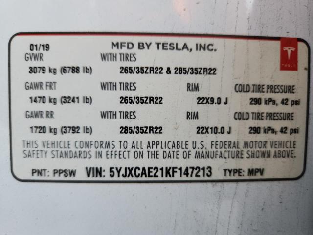 5YJXCAE21KF147213 - 2019 TESLA MODEL X Biały zdjęcie 13