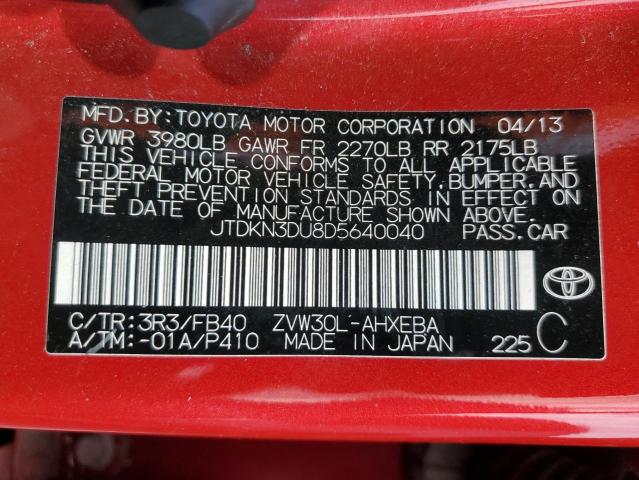 JTDKN3DU8D5640040 - 2013 TOYOTA PRIUS 红色 照片 12